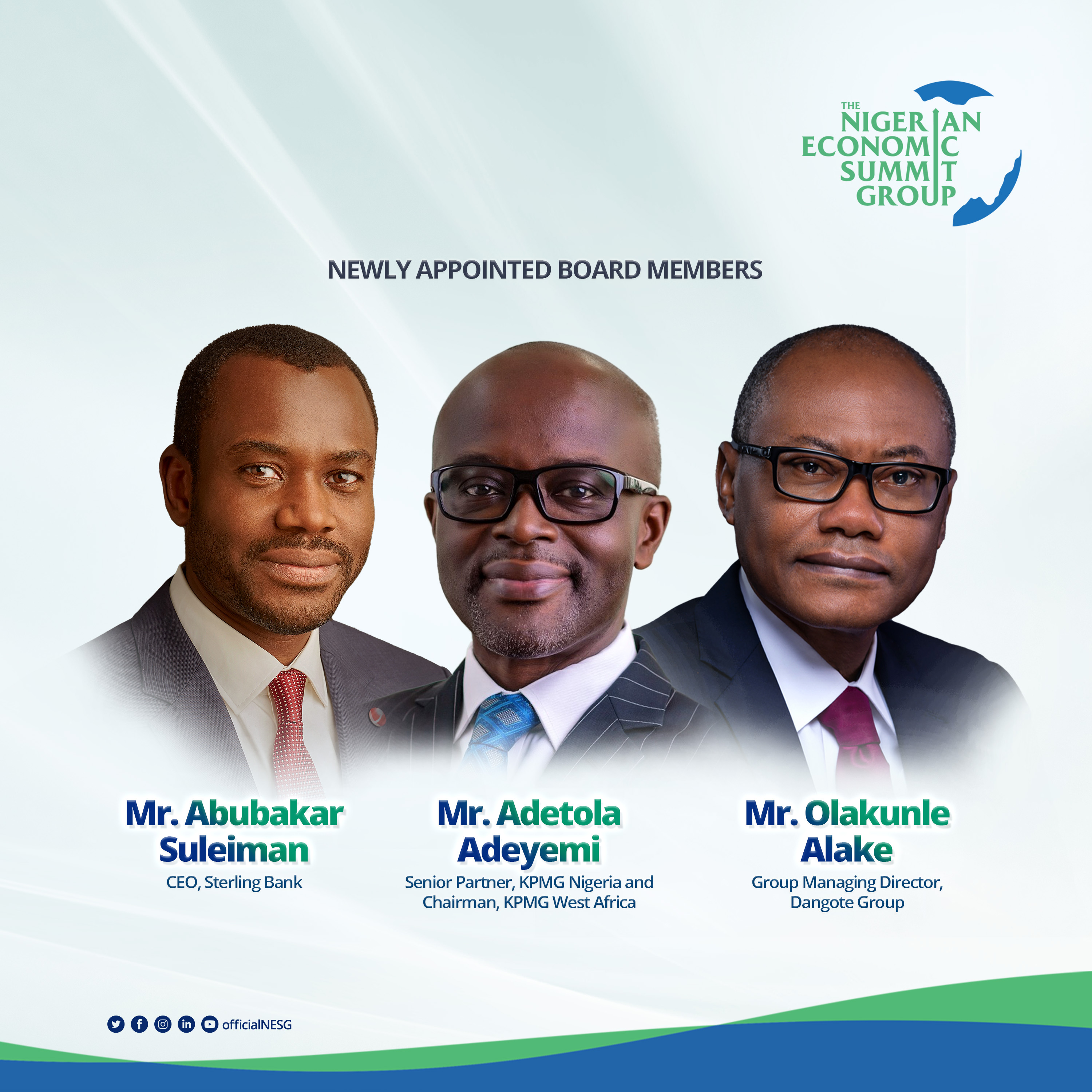 NESG Appoints Suleiman, Alake and Adeyemi as Board Directors